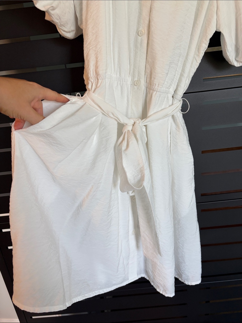 Nine West Cream V-Neck Button Front Tie-Waist Dress with Puff Sleeves - Picture 2 of 6